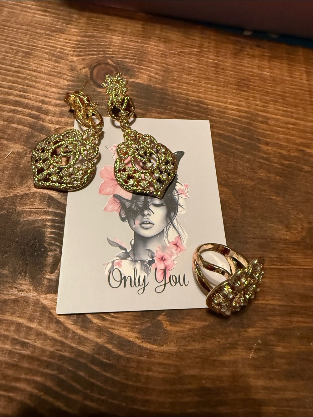 Gold-tone Crystal Filigree Earrings and Ring Set